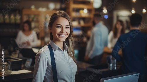 Cheerful Grocery Store Clerk Offering Quality Service with a Bright Smile 