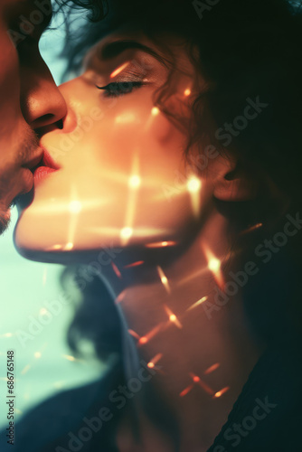 Vertical Close-up portrait of a man and woman kissing in love, passion, love, lovers kissing, nose to nose.