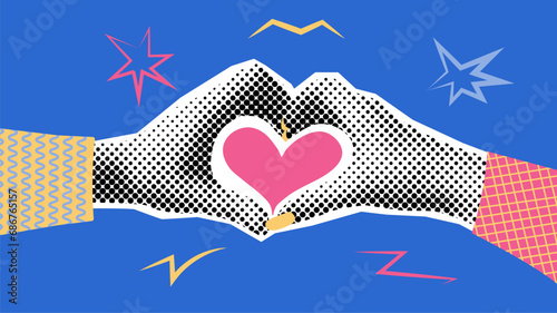 Collage with male and female hands in heart shape, abstracted with linear patterns on blue background.Vector illustration