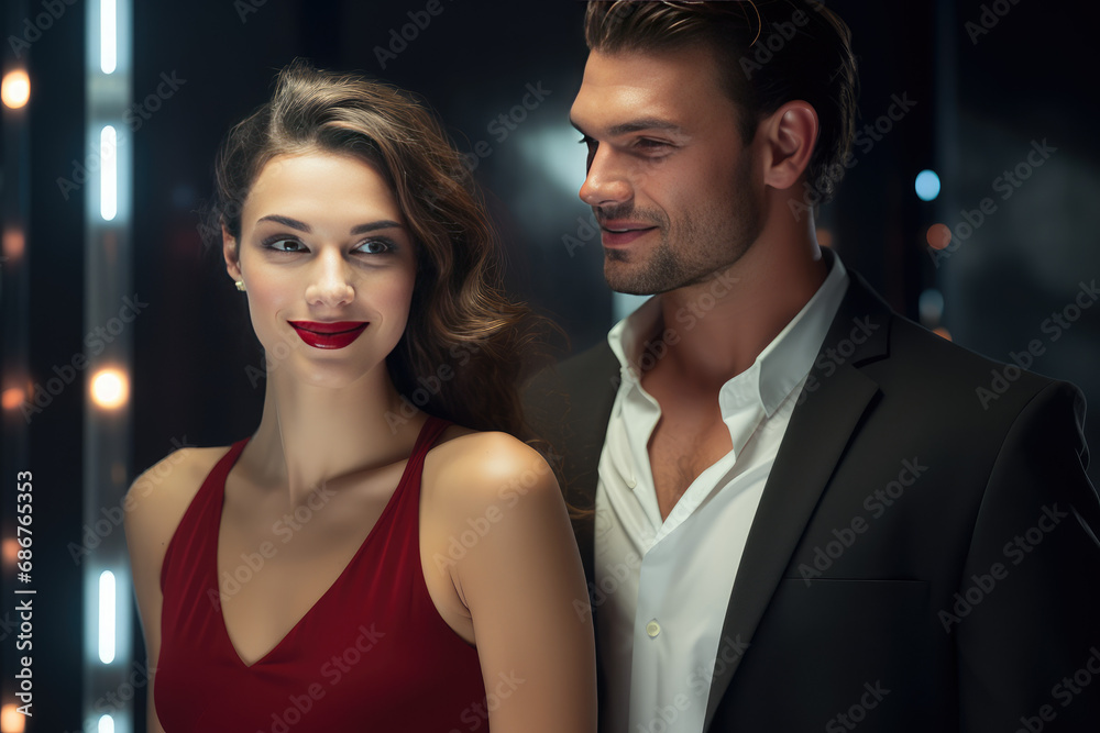 Sexy woman in dress with bright makeup and red lips talk, smirk and flirt in an office with a man in a suit. Office romance, mistress coworker. Sexy woman in dress with bright makeup and red lips talk, smirk and flirt in an office with a man in a suit. Office romance, mistress coworker.