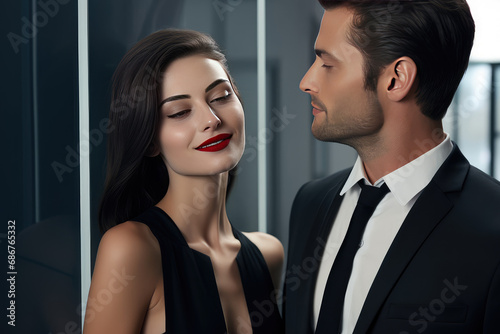 Sexy adult woman with bright makeup and red lips talk, smirk and flirt in an office with a man in a suit. Office romance, mistress coworker.