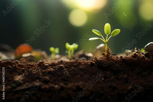 Macro View of Small Earth in Germinating Garden, Growth, Tiny, Nature, Green