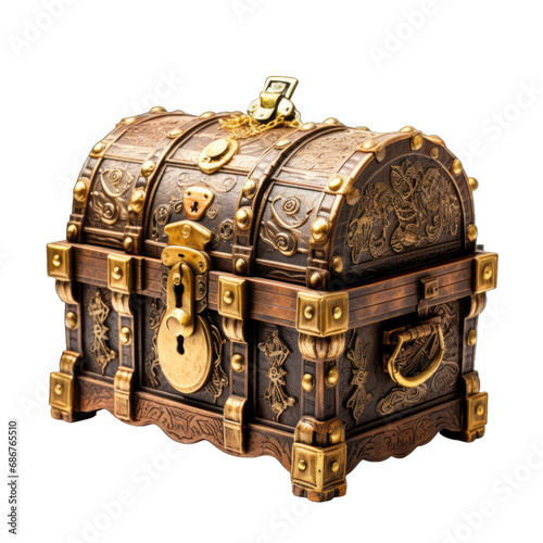 Closed old suitcase with pirate treasure isolated on transparent and white background. PNG transparent