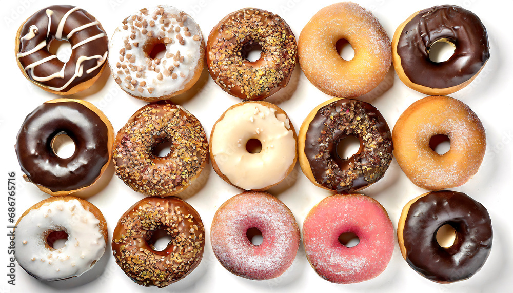 variety of donuts on a white background from above variety of donuts on a white background from above