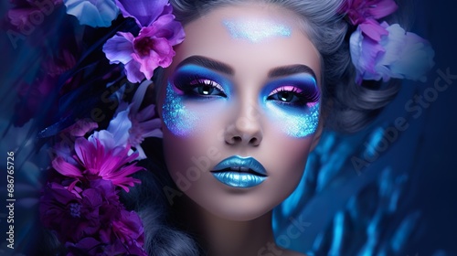 beautiful fantasy woman with fairy tale purple and blue neon glow makeup, fashionable female with fairy make-up, beauty and fashion portrait