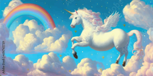 White unicorn pegasus pony horse in heaven.Kawaii cute fairy tale sweet dreamy light pastel rainbow fluffy clouds sky with stars.Cartoon baby nursery wall design.Childish wallpaper for kids. photo