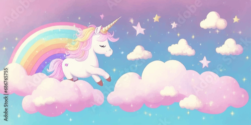 Unicorn pegasus pony horse cartoon rainbow in heaven.Kawaii cute fairy tale sweet dreamy light pastel white fluffy clouds sky with stars.Baby nursery wall design.Childish wallpaper for kids.