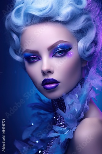 beautiful fantasy woman with fairy tale purple and blue neon glow makeup  fashionable female with fairy make-up  beauty and fashion portrait