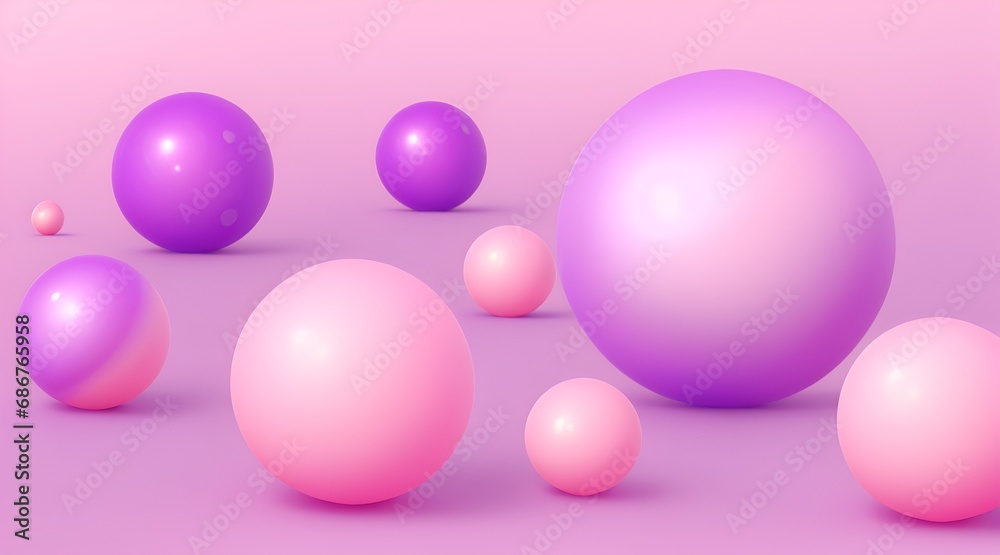Abstract backgrounds with 3D spheres that move. Bubbles in pastel Pink with a purple gradient plastic. Illustration of glossy soft balls in vector format. Design of a stylish modern banner or poster