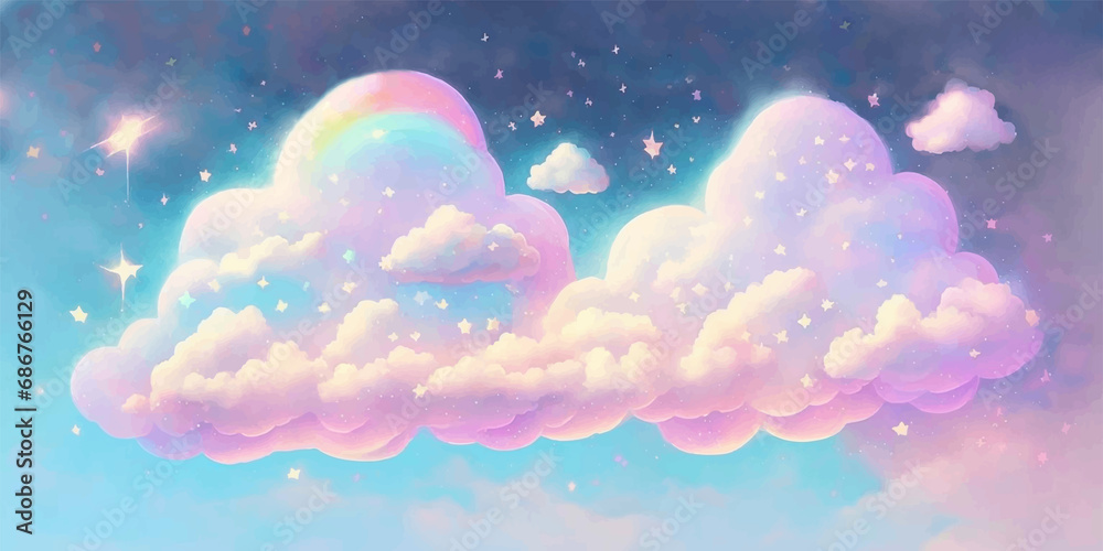 Rainbow white fluffy clouds sky with stars.Fairy tale cartoon pastel pink blue vector heaven.Sweet dreamy cartoon pastel gradient.Baby nursery wall design.Childish wallpaper banner background.