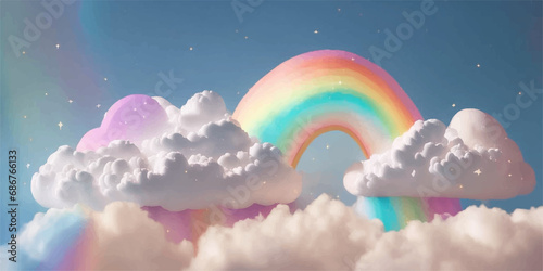 Rainbow white fluffy clouds sky with stars.Fairy tale pink blue vector heaven.Sweet dreamy cartoon pastel gradient.Baby nursery wall design.Childish wallpaper banner background.Baby shower template.