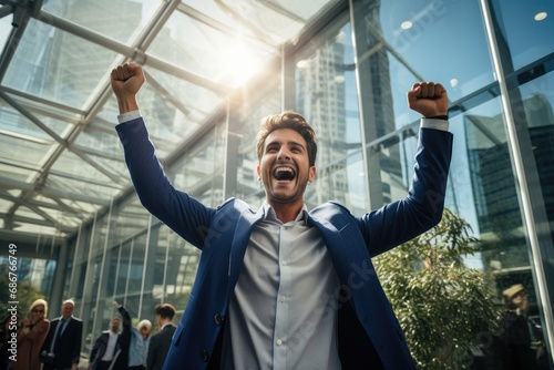 Businessman raises his hands joyful and happy to celebrate victory and success in his work.