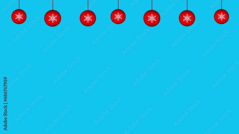 animation of red Christmas spheres with snowflake in half on light blue background, Christmas background, Christmas card