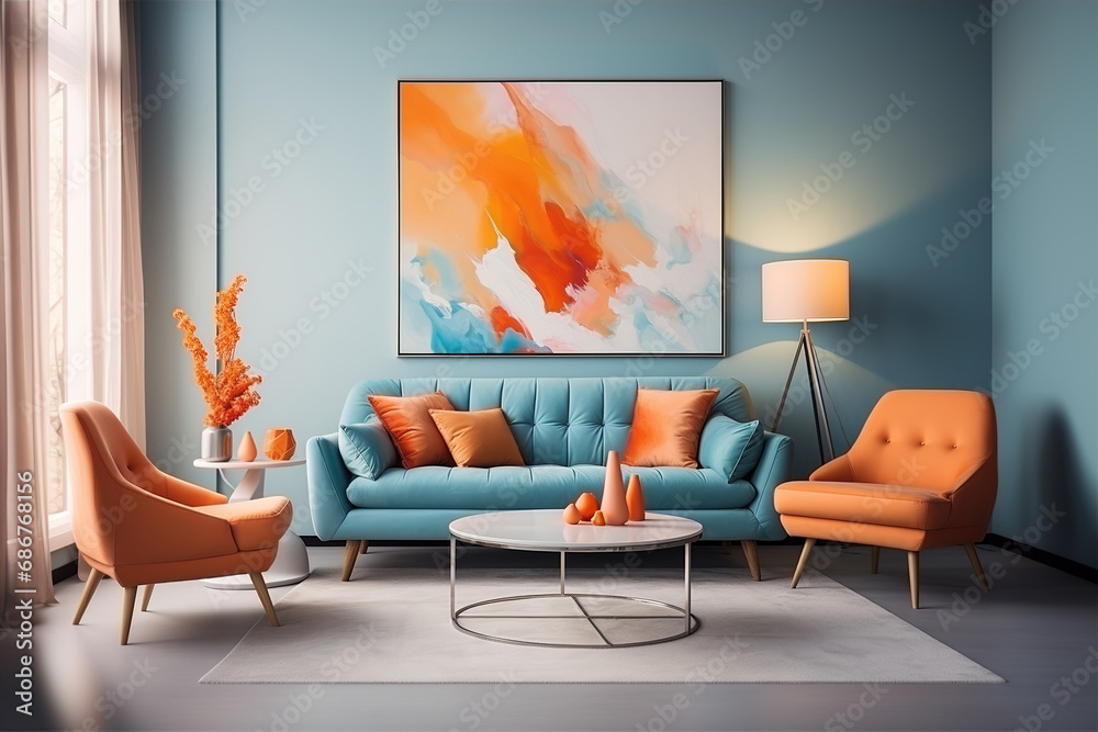 Modern interior design of living room in orange and blue colors, with sofa, armchair and abstract picture. Modern interior design of living room in orange and blue colors, with sofa, armchair and abstract picture.