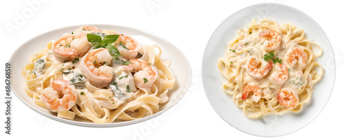 Shrimp Alfredo with fettuccine pasta in creamy sauce isolated on white background, food bundle, side and top view