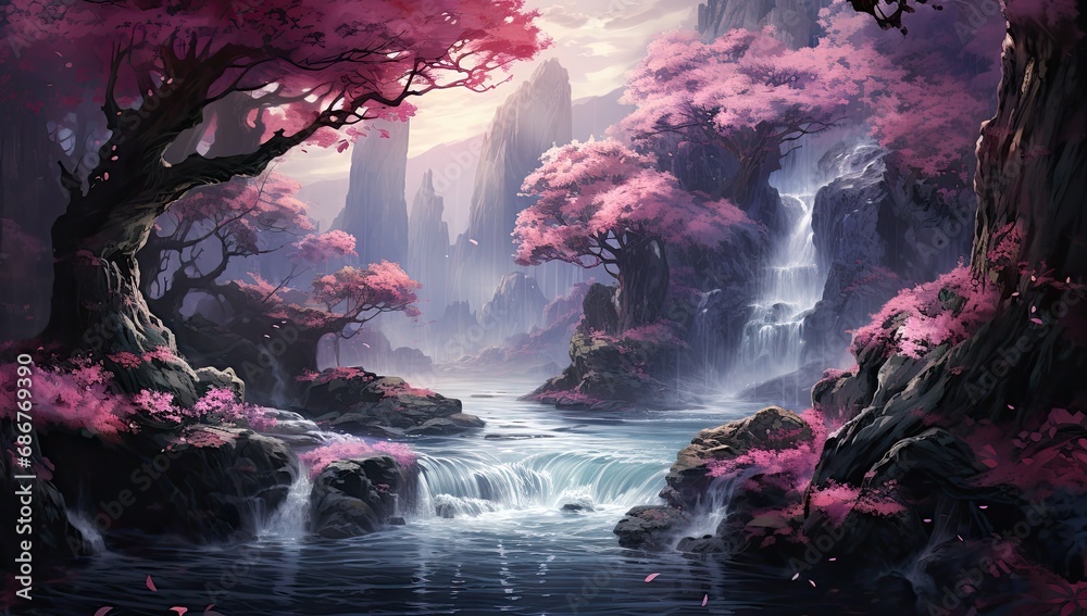 Painting of a waterfall and flowers