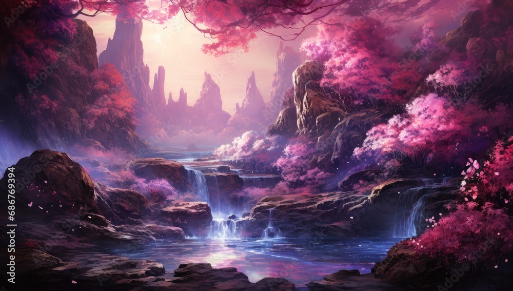 Painting waterfall and flowers. Anime art cherry blossoms.