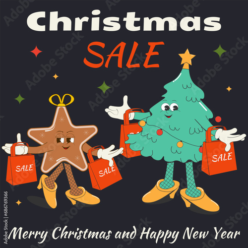 Sale poster in cartoon groovy style. Funny Christmas characters: a Christmas tree and ginger cookies with red shopping bags on a dark background. Vector illustration in retro style 50s-60s.