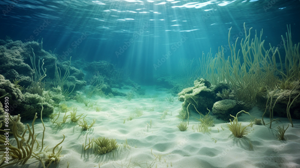 Deep Ocean Floor with Sand Dunes and Seaweed Background - obrazy, fototapety, plakaty 