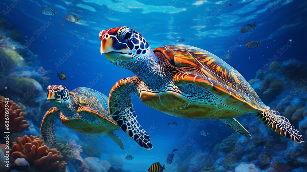 Fototapeta premium Majestic Sea Turtles Gliding Through Deep Blue Waters Background