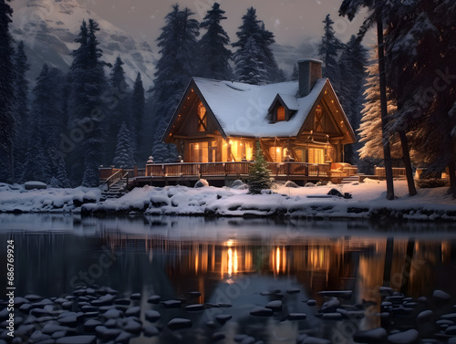 Beautiful Christmas winter landscape with mountain lake and wooden house at night.