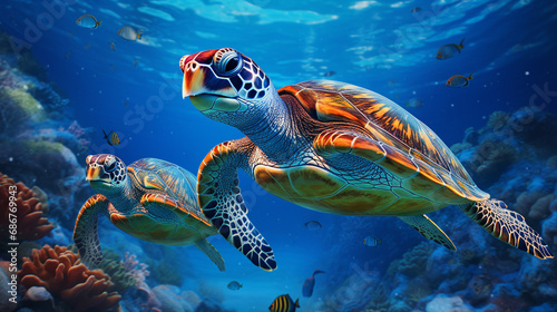 Majestic Sea Turtles Gliding Through Deep Blue Waters Background
