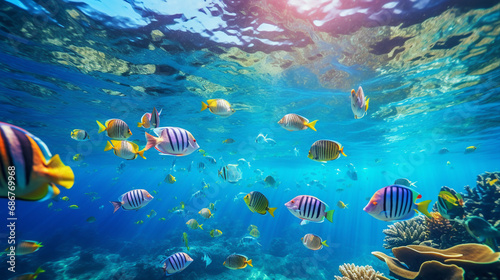 Schools of Tropical Fish Swimming in Clear Ocean Waters Background