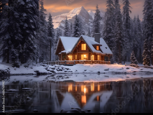 Beautiful Christmas winter landscape with mountain lake and wooden house at night. © wing
