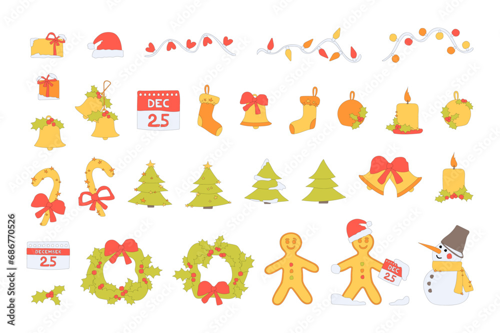 Christmas set. XMAS illustration. New Year decorative vector elements, colorful holiday cartoon illustrations, isolated on white background. New Year holidays, Christmas Eve celebration and decoration