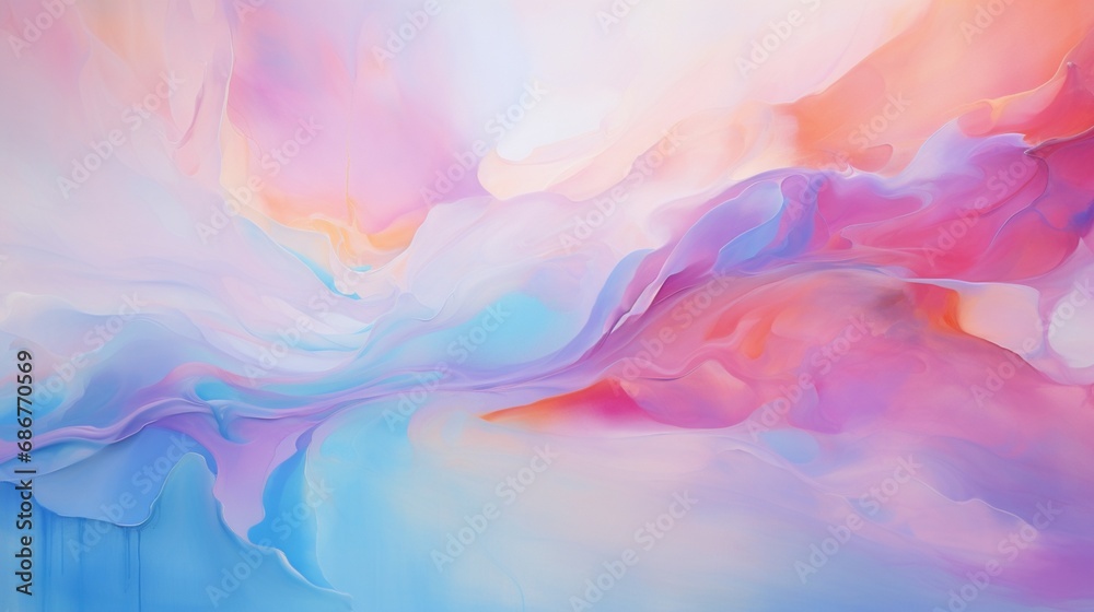 Immortalize the tactile beauty of an abstract masterpiece, where thick paint in shades of pink, blue, and orange intertwines, forming a vivid and dynamic painting.