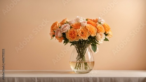 There is a vase of flowers by the light orange wall