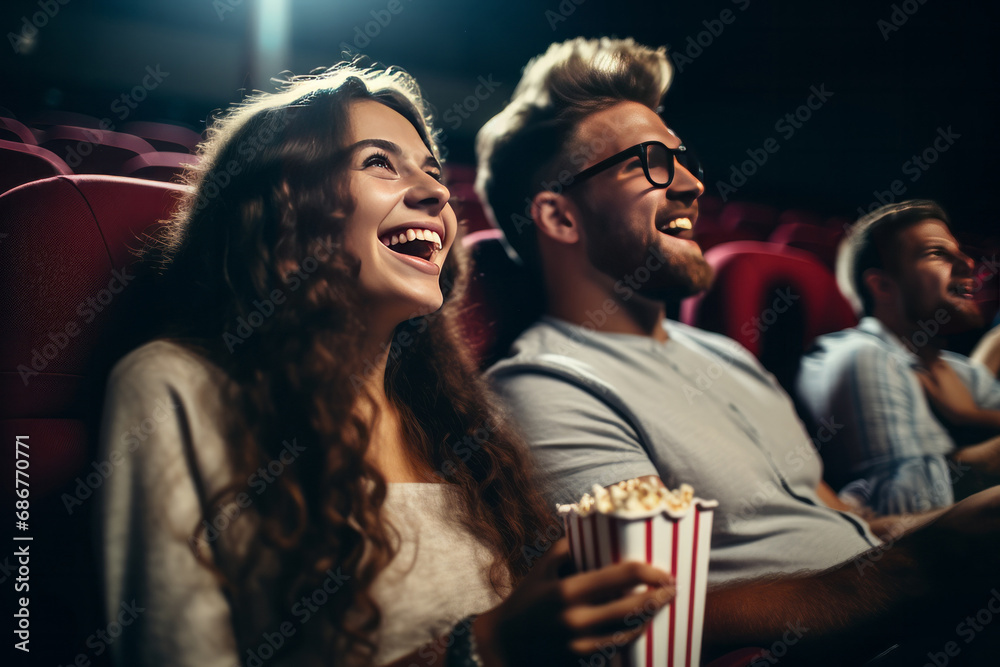 Joyful young couple in a movie theatre. AI generated