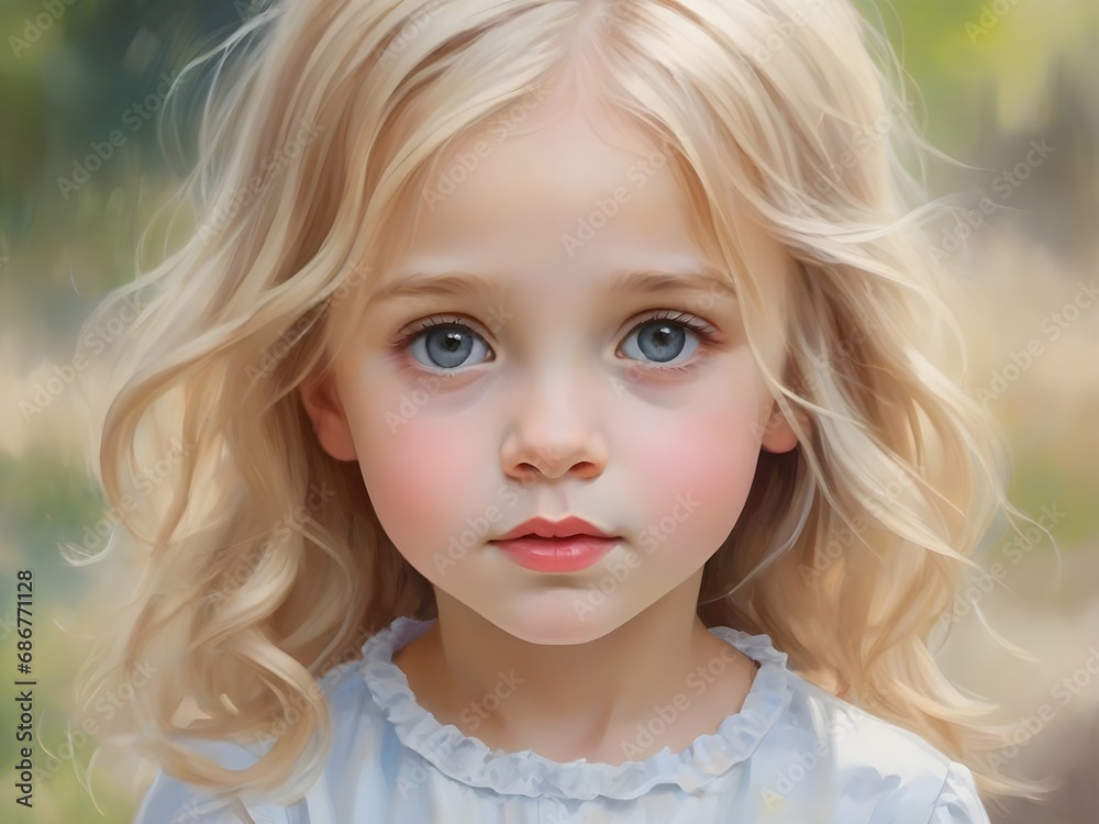 A cute little girl with blonde hair outside. Beautiful impressionist style portrait of a girl. Generative AI A cute little girl with blonde hair outside. Beautiful impressionist style portrait of a girl. Generative AI
