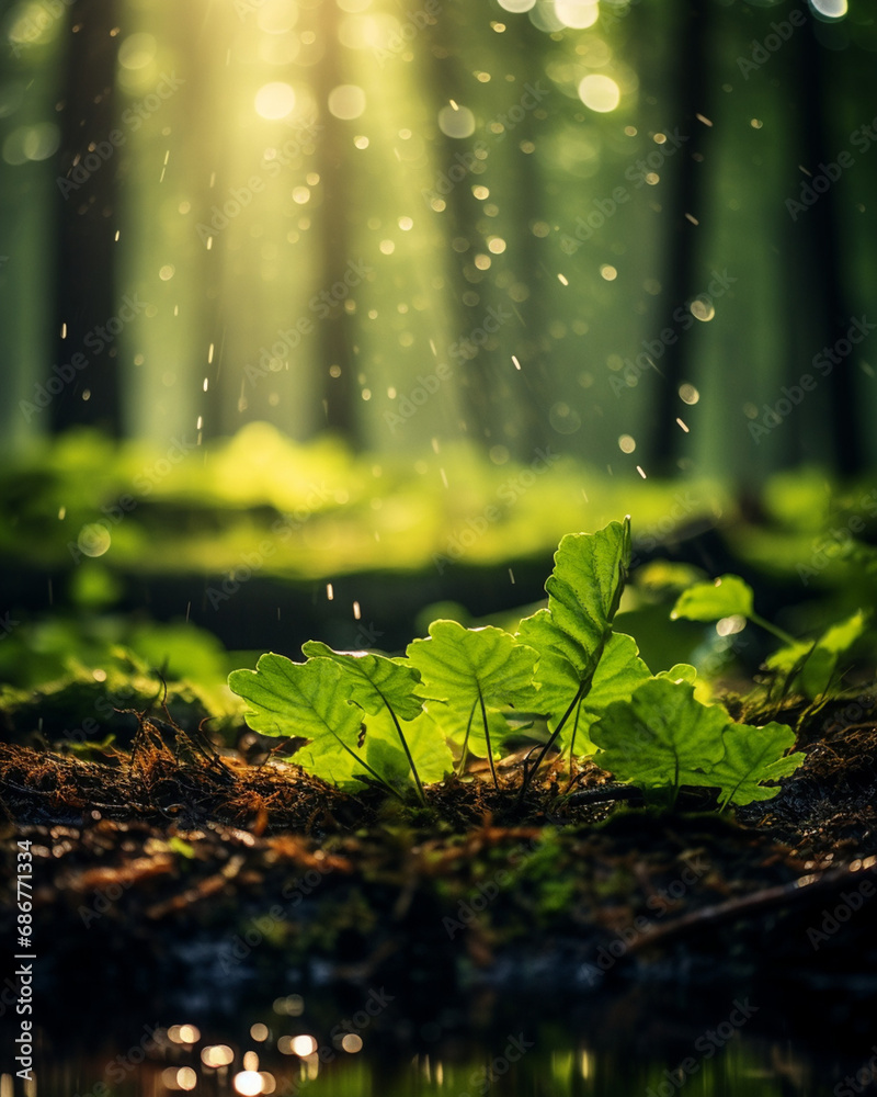 the serene beauty of a lush forest during a misty morning with a macro lens, highlighting the intricate details of dew-covered leaves and the play of light and shadow created with Generative Ai the serene beauty of a lush forest during a misty morning with a macro lens, highlighting the intricate details of dew-covered leaves and the play of light and shadow created with Generative Ai