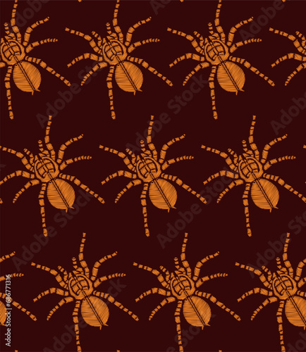 Seamless halloween pattern with embroidered stylized spiders