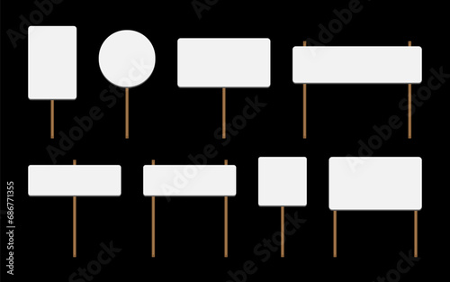 Blank demonstration banners set. Vector picket banner frame. Vector illustration of picket sign, demonstration banner, set of protest placard. Flat empty boards with wood sticks, protest sign template