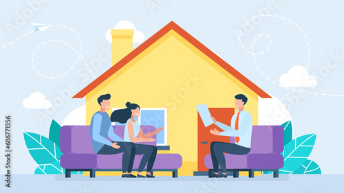 A family signs a contract to buy or rent a house. Real estate. Contract signed. Purchase and pick a real estate home. Safe property purchase deal, transaction security. Flat trendy illustration