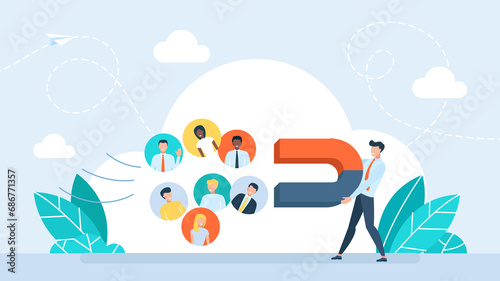 Businessman with magnet and people in run to it, customer acquisition and marketing. Search and attraction of target audience, new subscribers. Social network promotion marketing. Flat illustration photo