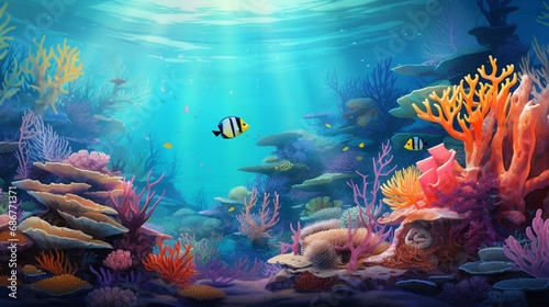 underwater scene with coral reefs in varying shades of orange, coral, and turquoise, teeming with marine life.