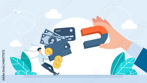 Robber steals money from wallet. Scam, phishing, cyber crime concept. Businessman holds a magnet that pulls money from wallet. Shopaholism, Consumerism and overspend. Taxes, debts. Flat illustration