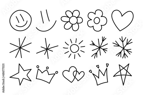 Set of hand drawn cute doodles for kids. Decorative elements - flowers, stars and snowflakes. Collection of baby doodle illustrations isolated on white background - hearts, smiles, crowns and so on.