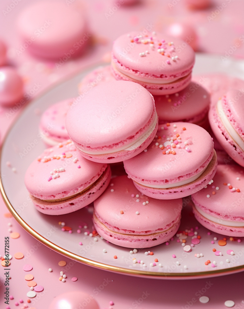 pink macarons topped with sprinkles on a plate, in the style of confetti-like dots created with Generative Ai pink macarons topped with sprinkles on a plate, in the style of confetti-like dots created with Generative Ai