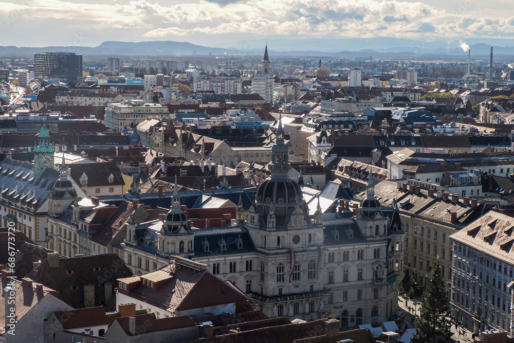 Graz Austria Aerial view from clock tower in winter season