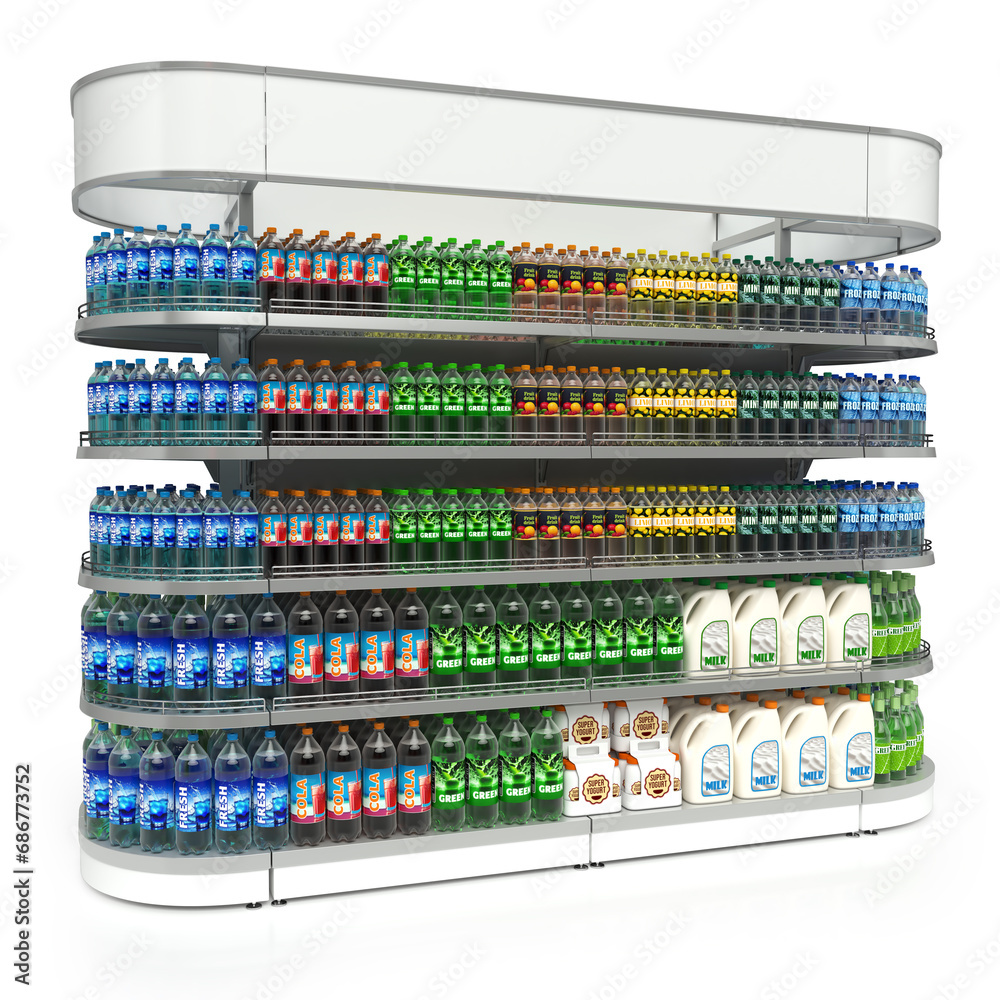 Trade shelf display with a large topper and laid out drinks. 3d illustration