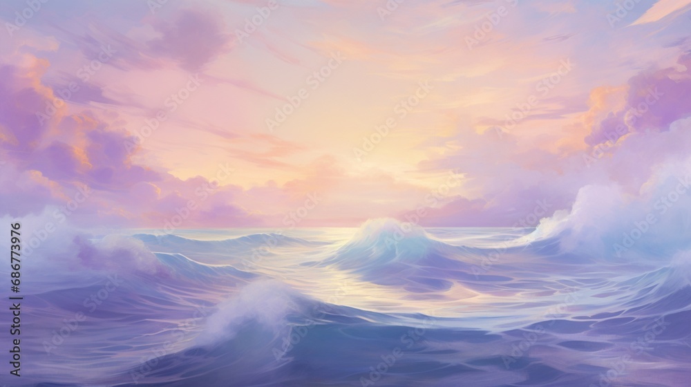waves in shades of lavender and periwinkle, gently rolling under a dreamy pastel sky.