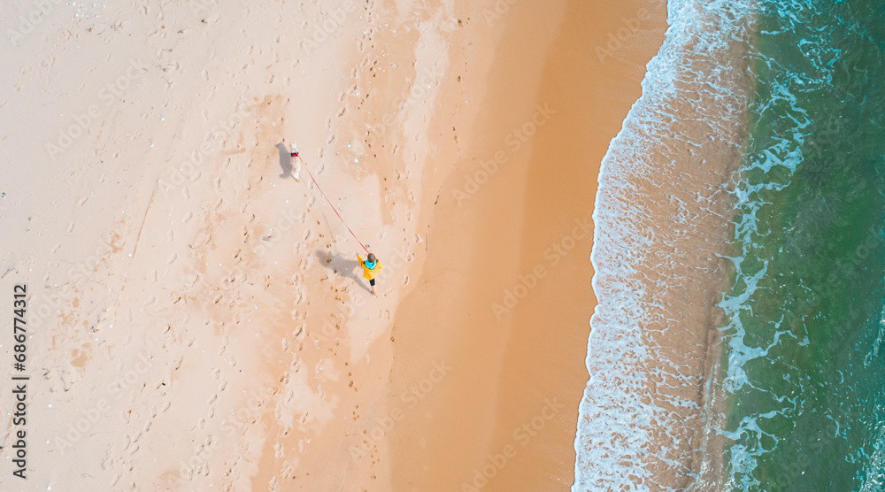 Aerial high angle shot of young woman walking with the dog along the seaside. Stunning seascape.