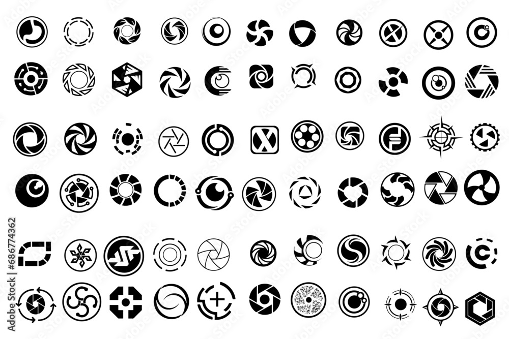 Camera shutter and lens icon diaphragm. Camera shutter and camera lens icon collection. Black white lens aperture. Vector illustration