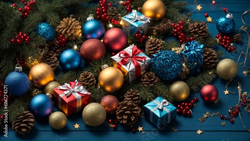 Gifts, garlands, fir branches, colorful decorations on a blue background.