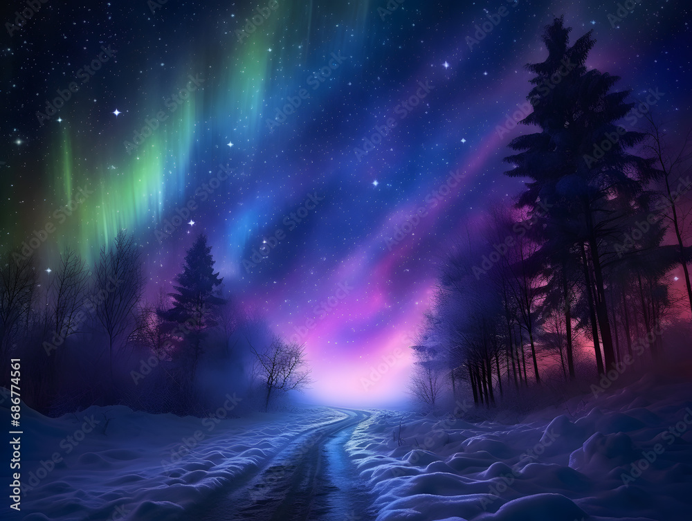 Fantasy Christmas winter landscape with snow covered trees and pink and blue aurora borealis Fantasy Christmas winter landscape with snow covered trees and pink and blue aurora borealis