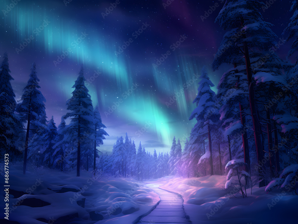 Fantasy Christmas winter landscape with snow covered trees and pink and blue aurora borealis